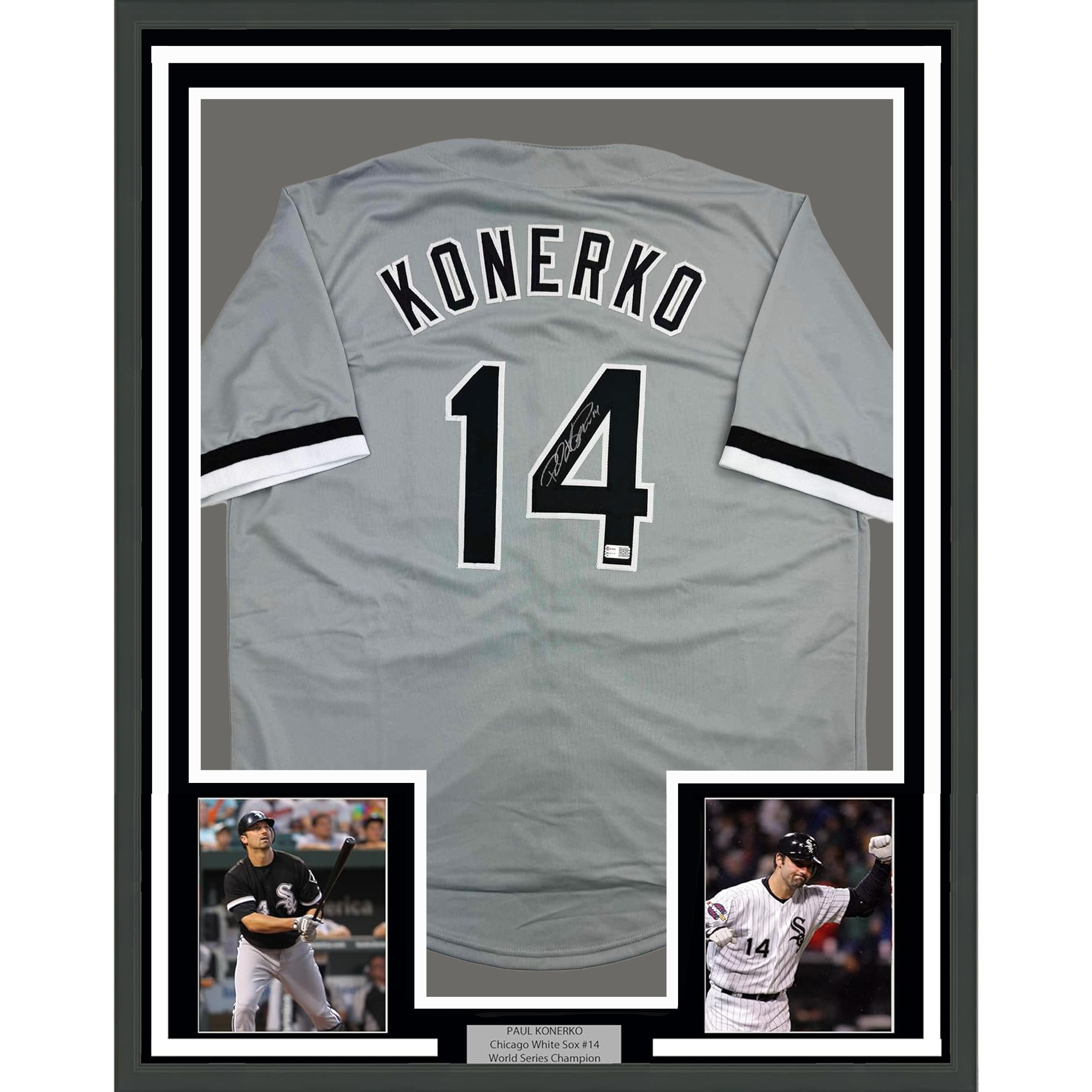 Framed Autographed/Signed Paul Konerko 35x39 Chicago Grey Baseball Jersey TriStar COA