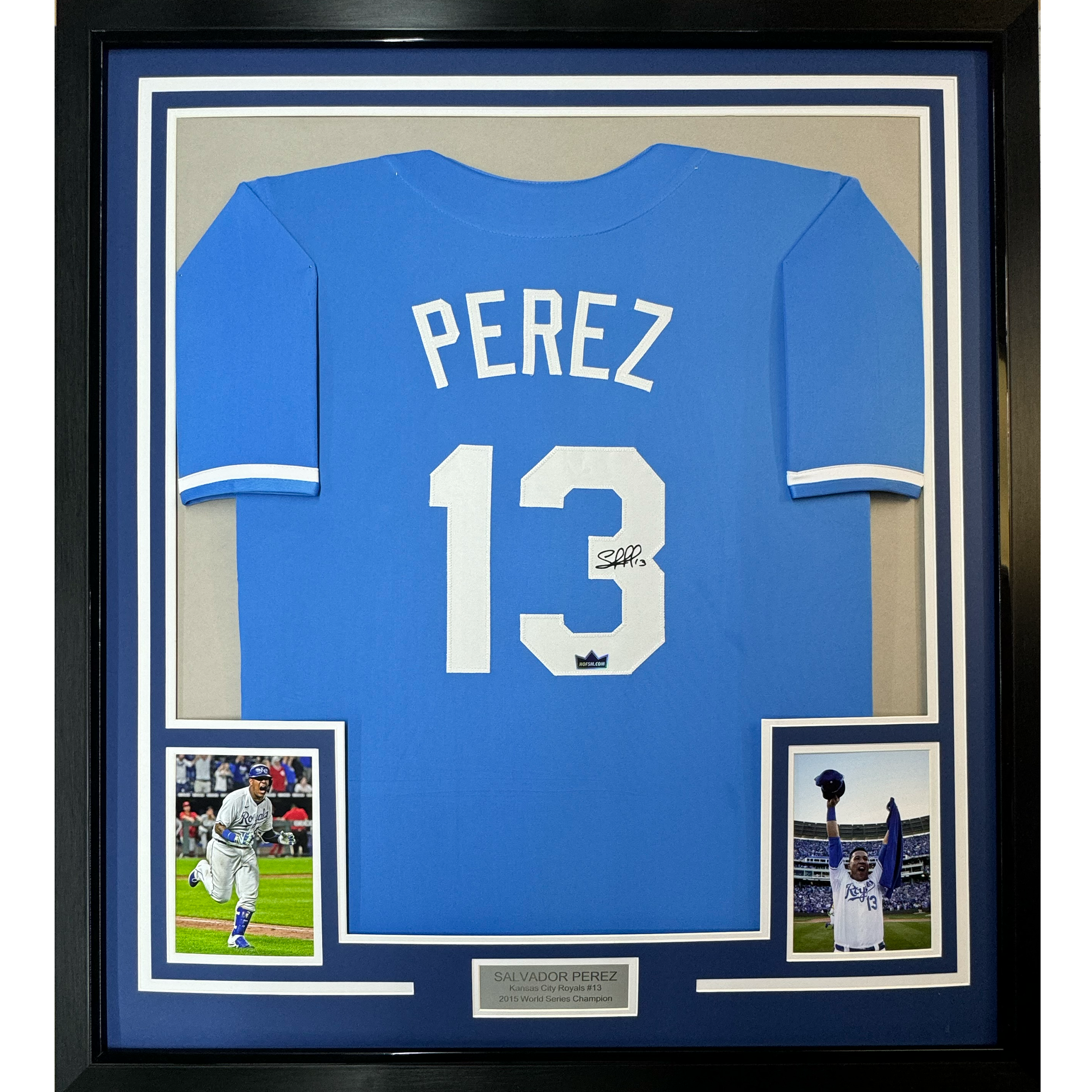 Framed Facsimile Autographed Salvador Perez 35x39 Kansas City Blue Reprint Laser Auto Baseball Jersey