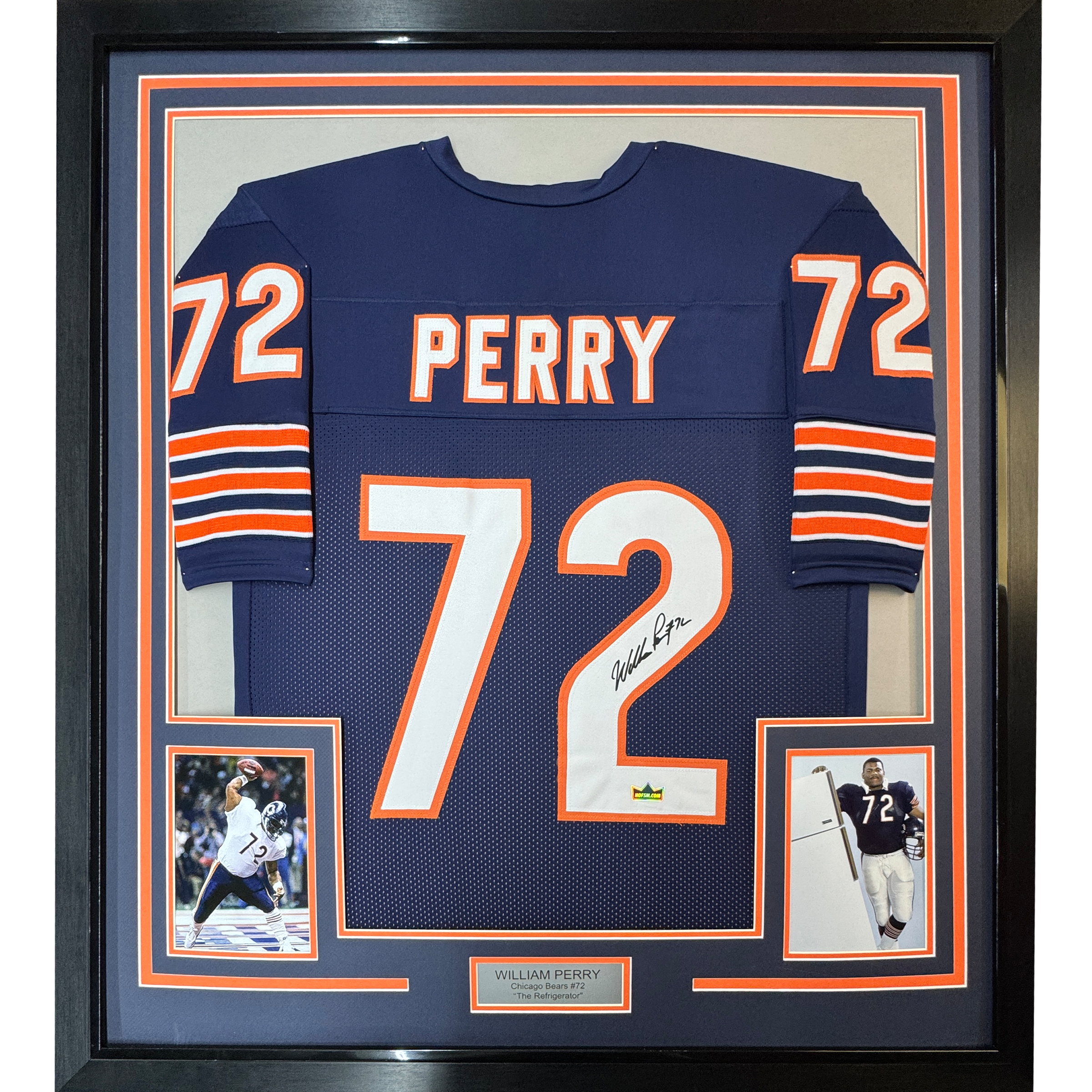 Framed Facsimile Autographed William Perry 35x39 The Refrigerator Chicago Blue Reprint Laser Auto Football Jersey