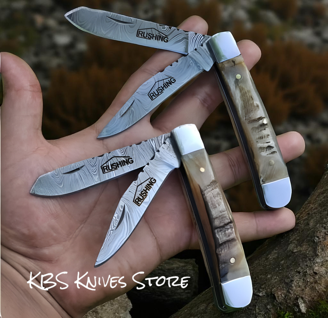Personalized Trapper Knife Double Damascus Blades Sheath