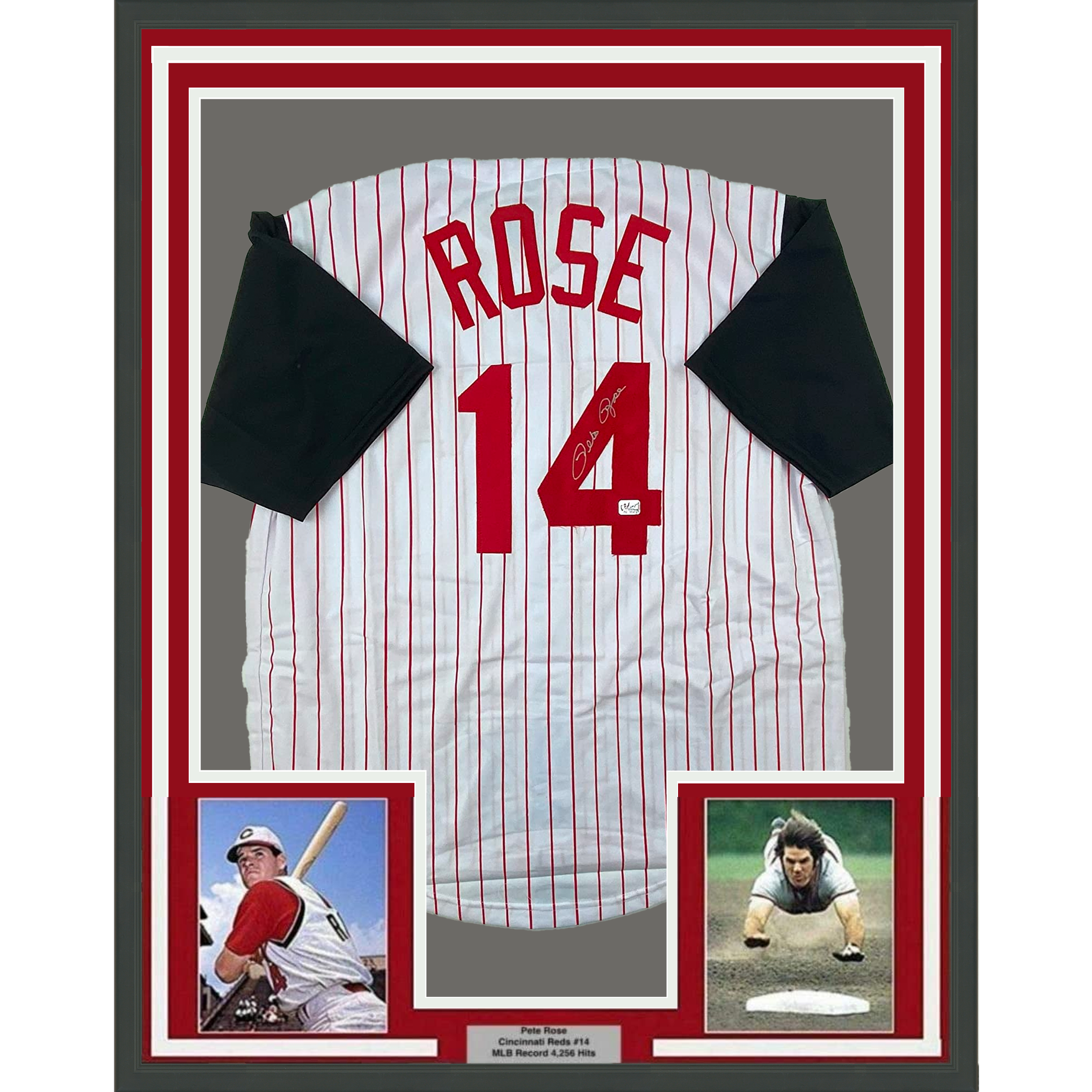 Framed Autographed/Signed Pete Rose 35x39 Cincinnati Pinstripe Baseball Jersey Athlete Hologram COA Holo