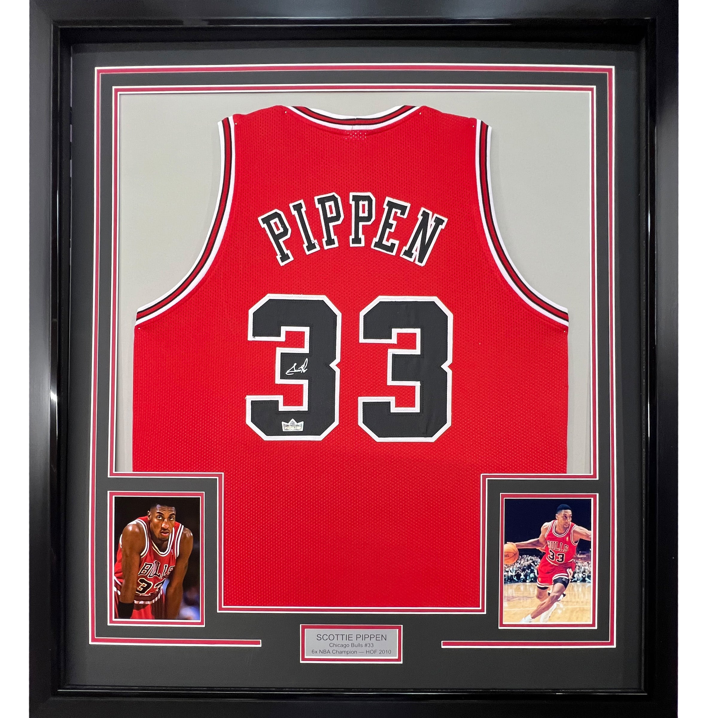 Framed Facsimile Autographed Scottie Pippen 35x39 Chicago Red Reprint Laser Auto Basketball Jersey