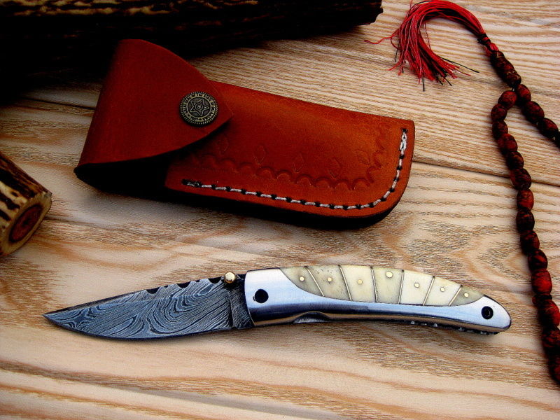 Everyday Carry Damascus Steel Pocket Knife - Bone and Steel Elegance