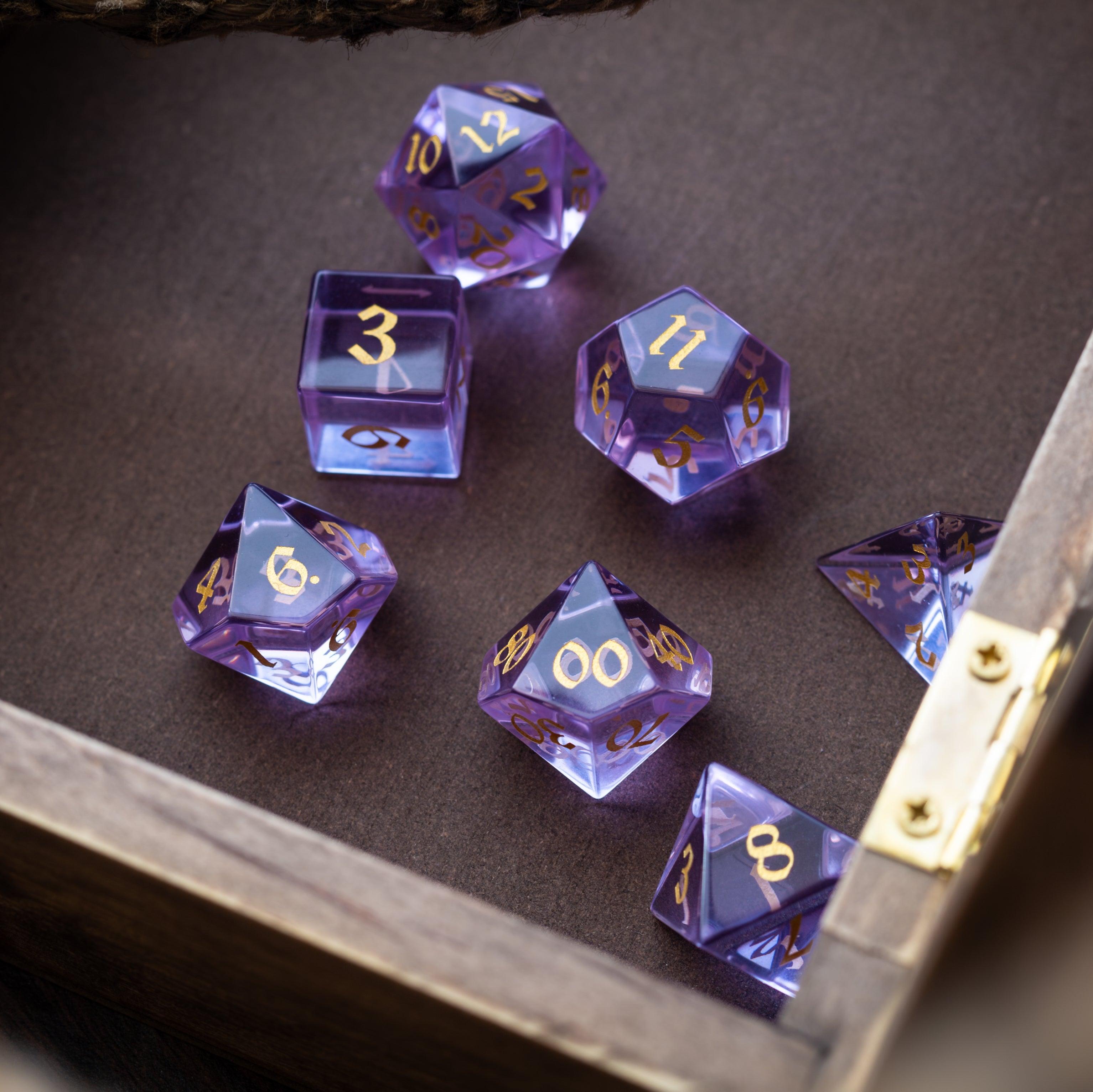 Purple Zircon Glass Hand Carved DND Dice Set