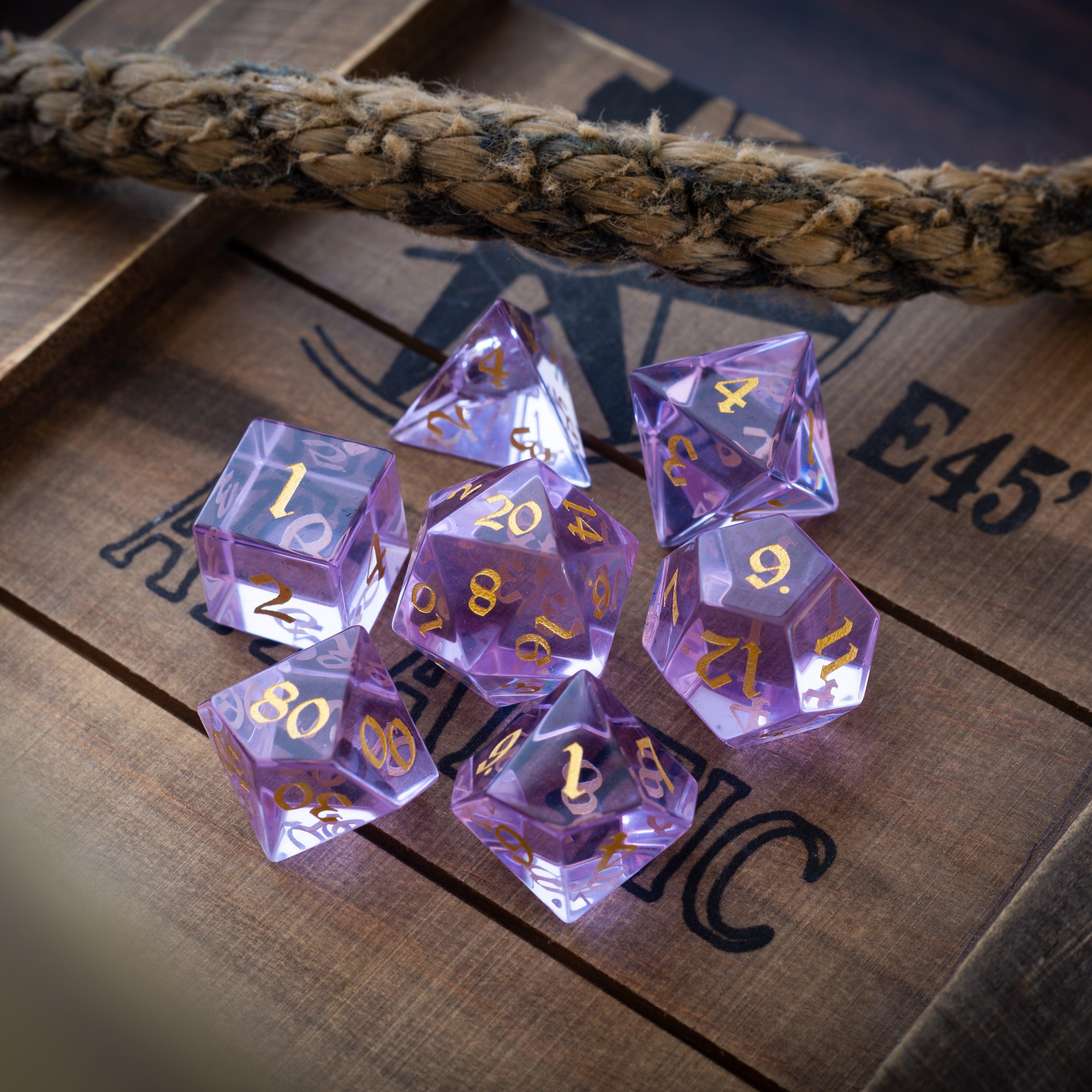 Purple Zircon Glass Hand Carved DND Dice Set