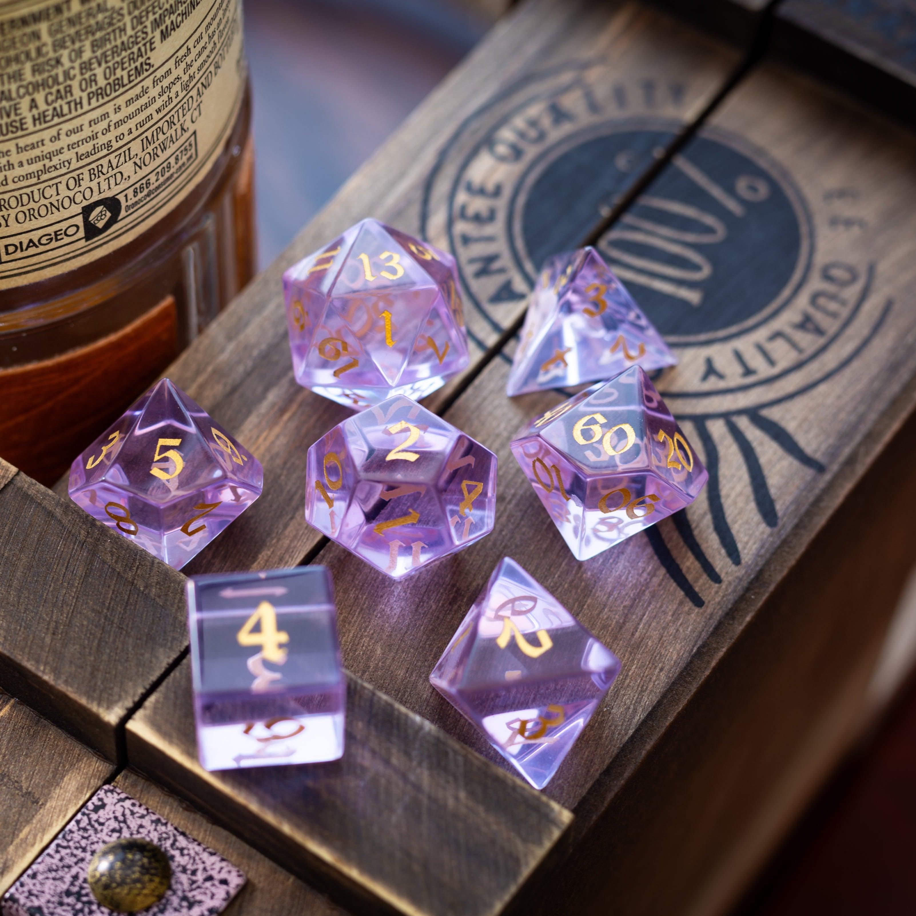 Purple Zircon Glass Hand Carved DND Dice Set
