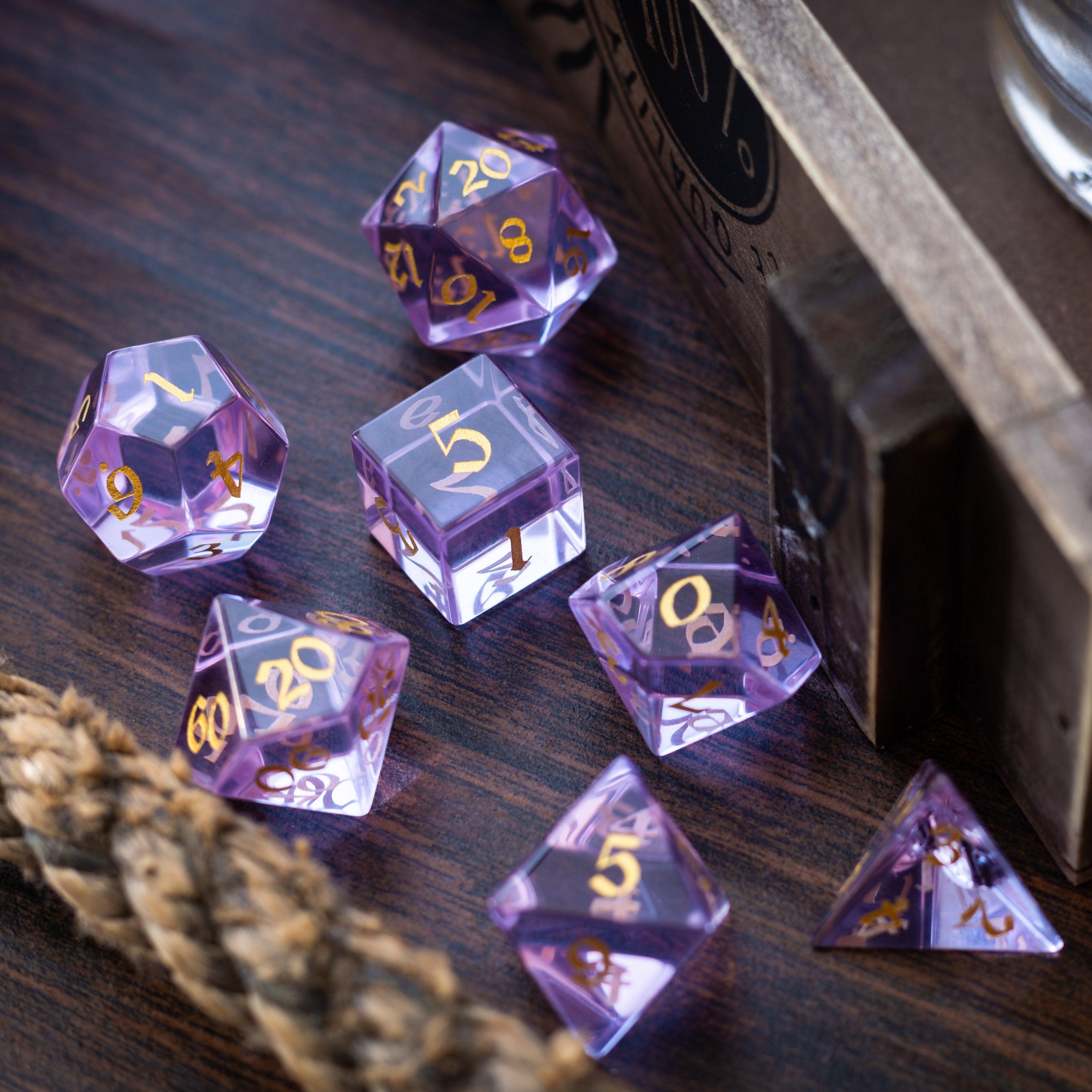 Purple Zircon Glass Hand Carved DND Dice Set