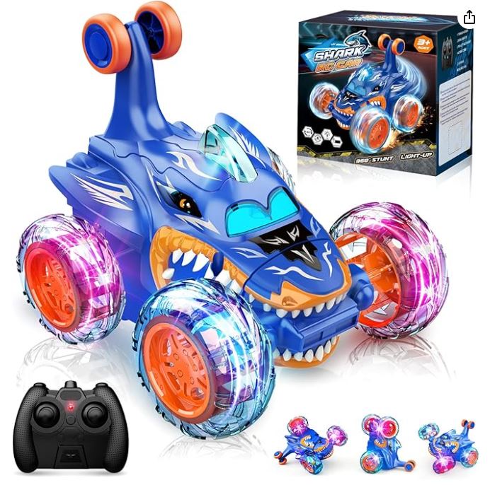 Remote Control Stunt Car Shark RC Kids Toy Outdoor 360° Rotating Boys and Girls - Blue