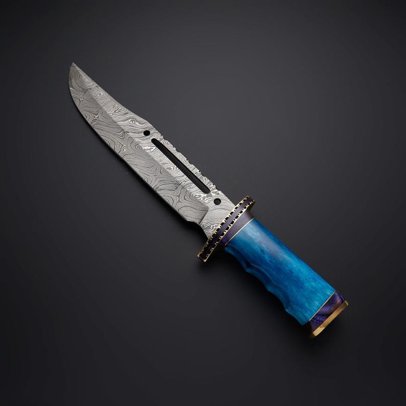 Rambo First Blood Knife - Custom Handmade Damascus Steel Bowie with Colored Bone Handle and Leather Sheath