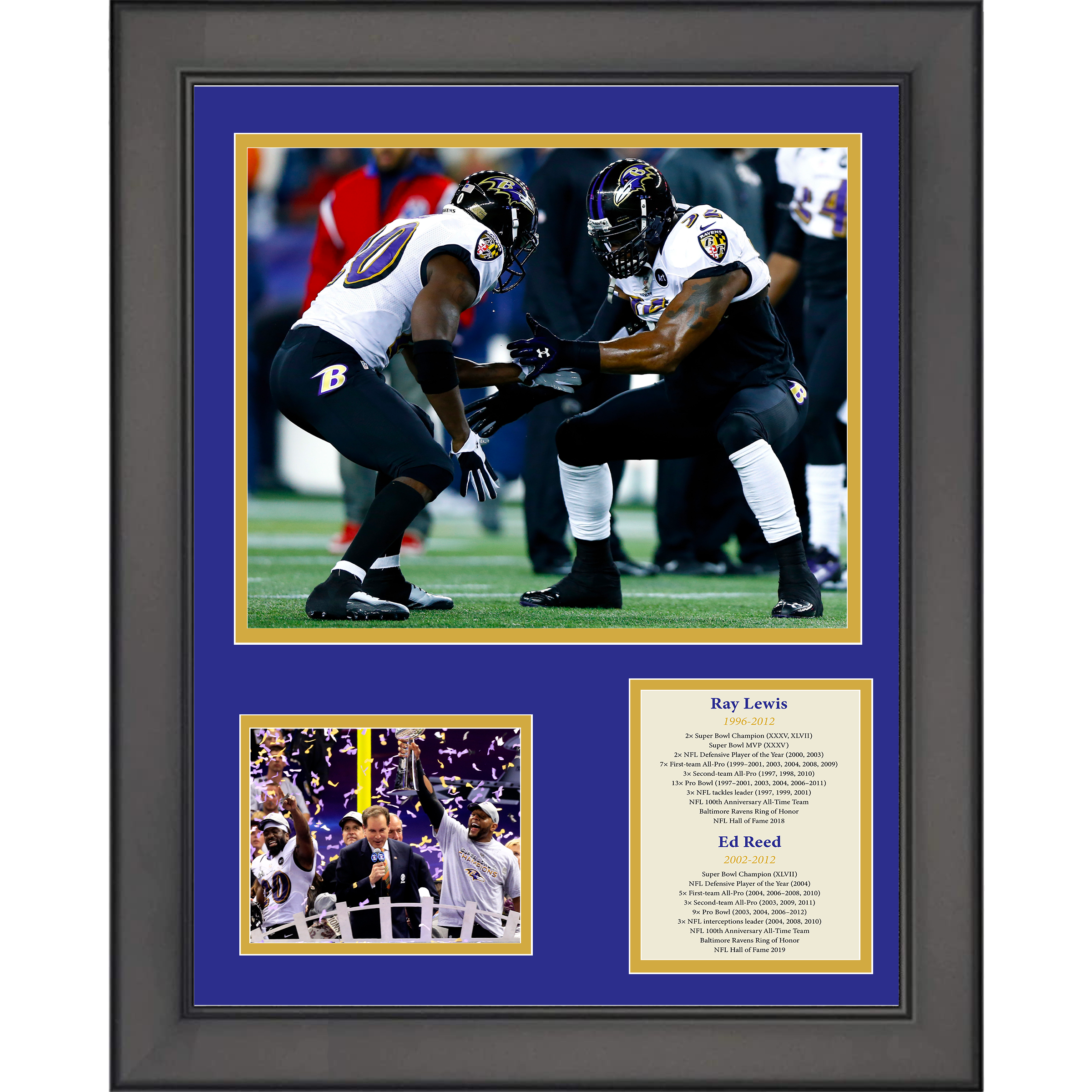 Framed Ray Lewis & Ed Reed Hall of Fame Baltimore Ravens Football 11"x14" Three Photo Collage