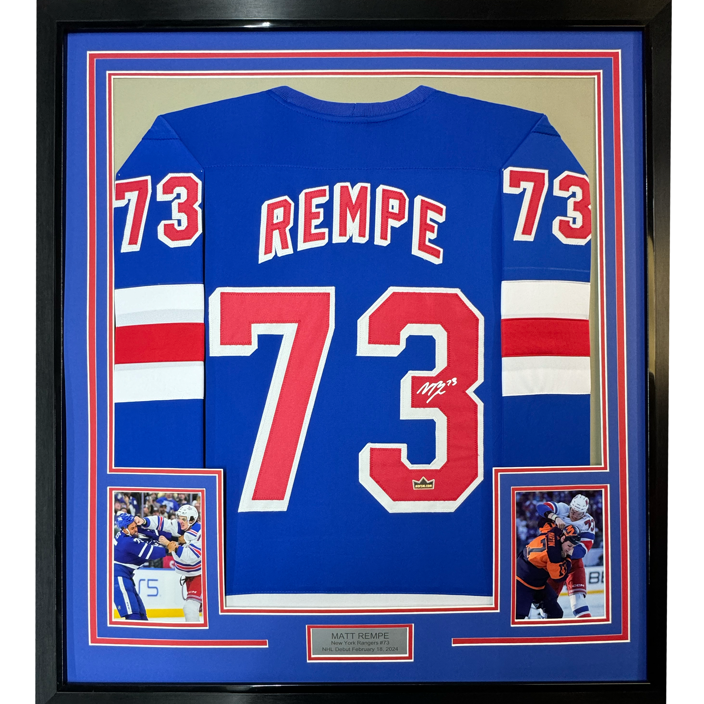 Framed Facsimile Autographed Matt Rempe 35x39 New York Blue Reprint Laser Auto Hockey Jersey