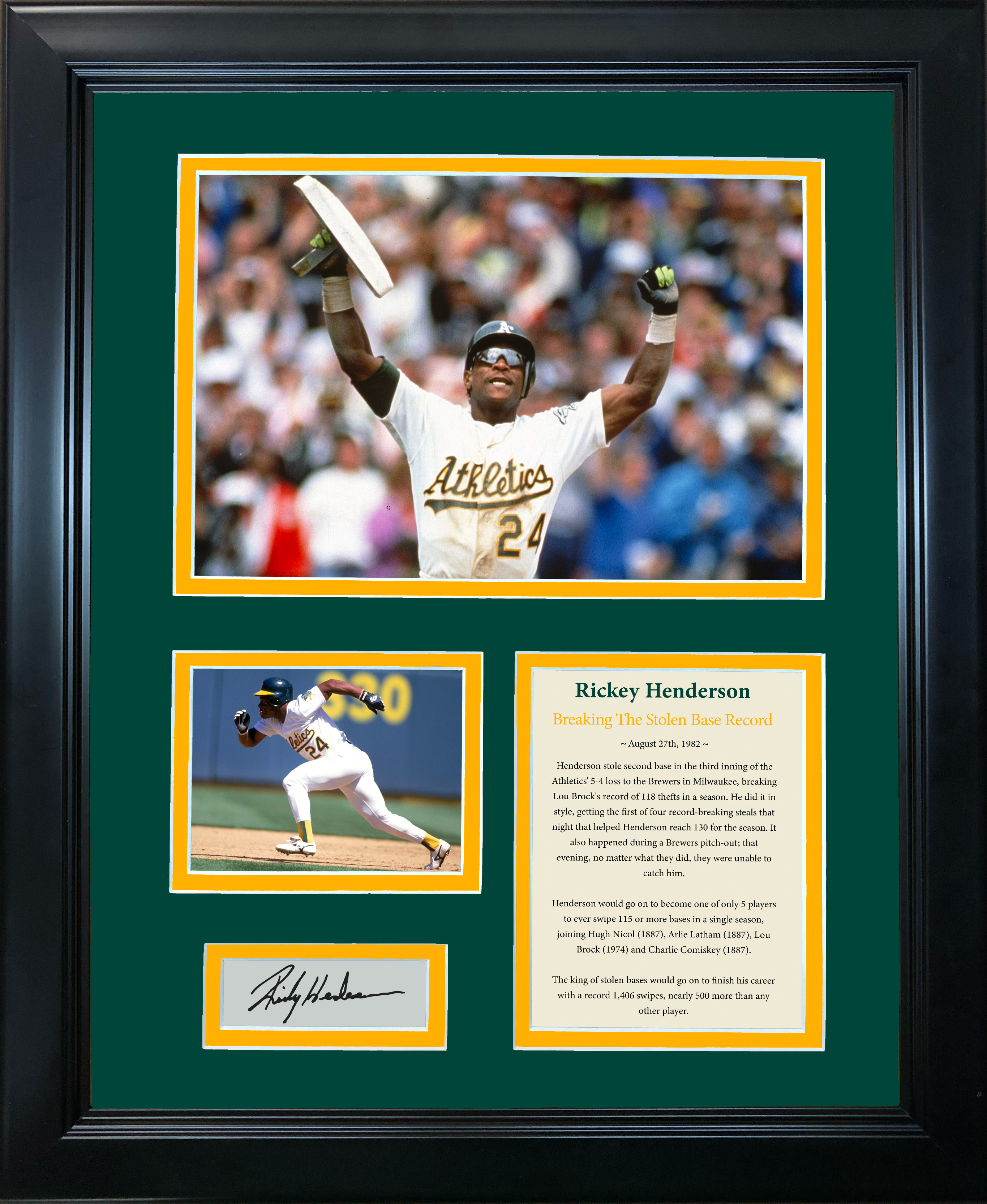 Framed Rickey Henderson Single Season Steals Record Facsimile Laser Engraved Signature Auto Oakland Athletics Baseball 11"x14"Photo Sig Collage