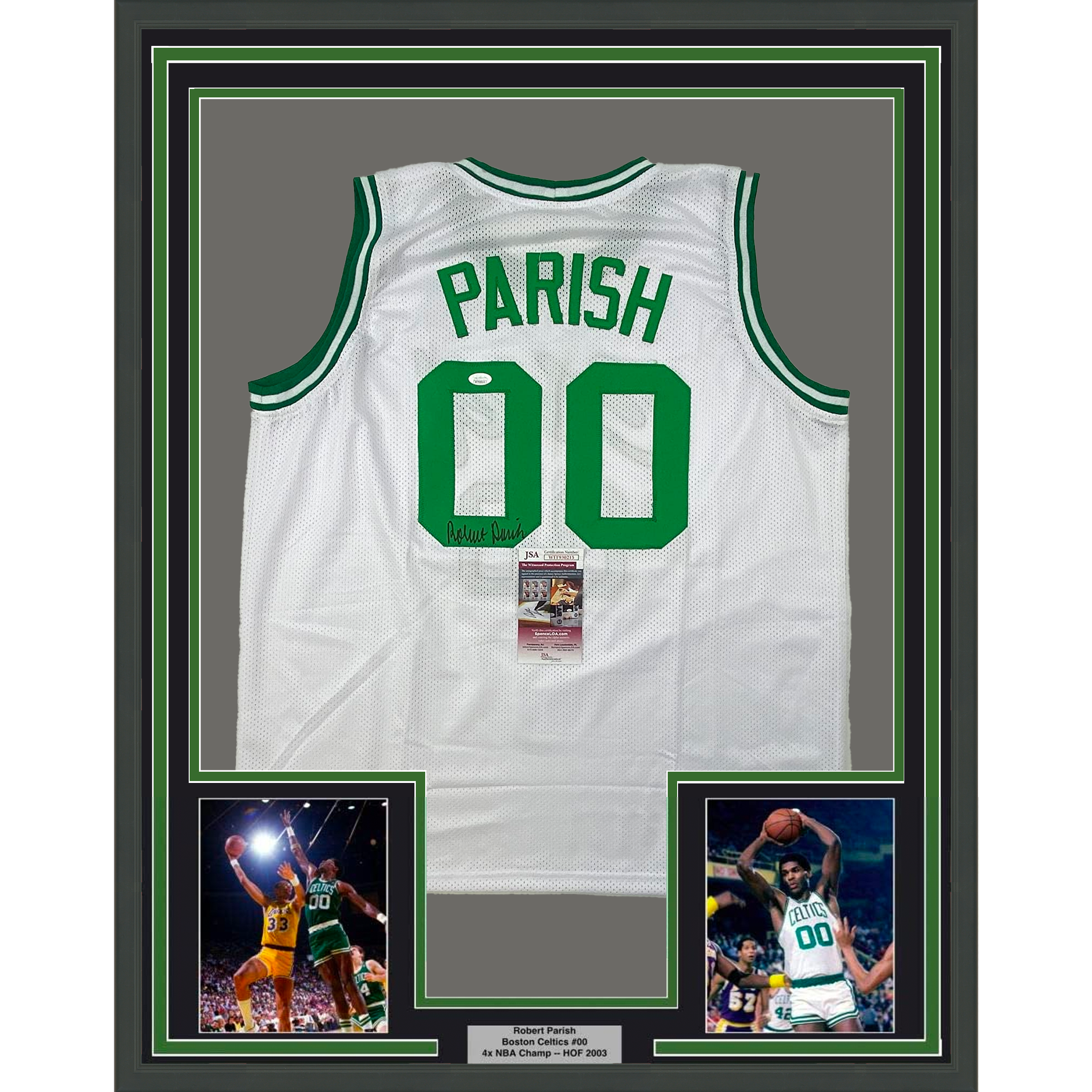 Framed Autographed/Signed Robert Parish 35x39 Boston White Basketball Jersey JSA COA