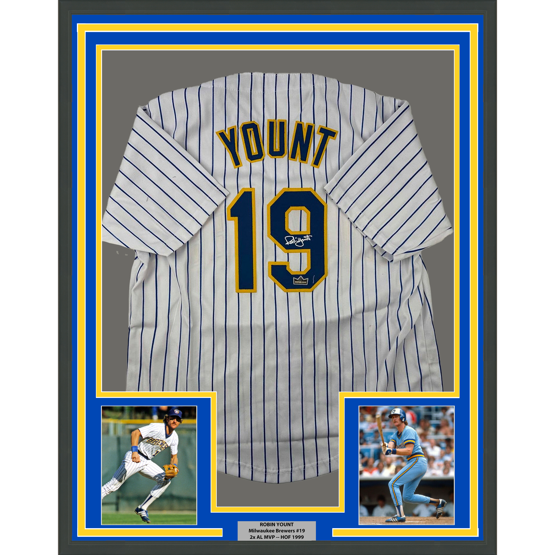 Framed Facsimile Autographed Robin Yount 35x39 Milwaukee Pinstripe Reprint Laser Auto Baseball Jersey