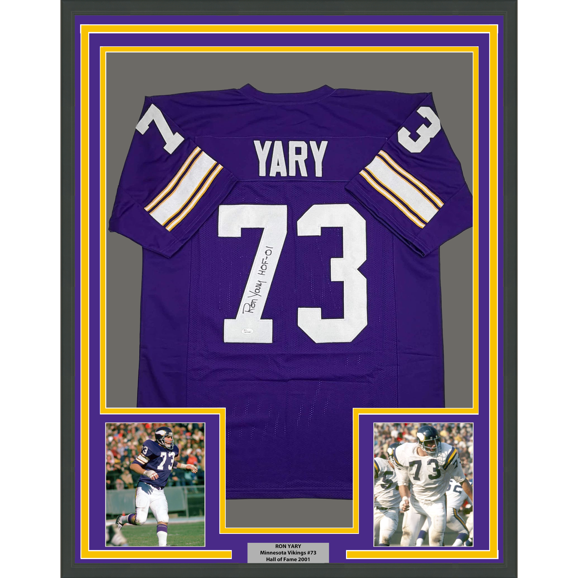 Framed Autographed/Signed Ron Yary 35x39 HOF 01 Minnesota Purple Football Jersey JSA COA