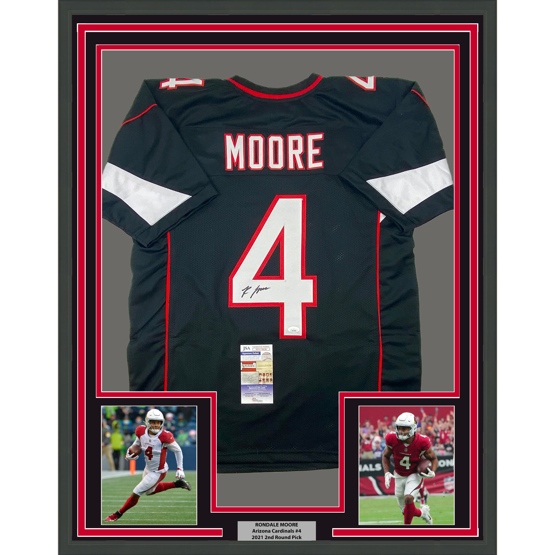 Framed Autographed/Signed Rondale Moore 35x39 Arizona Black Football Jersey JSA COA