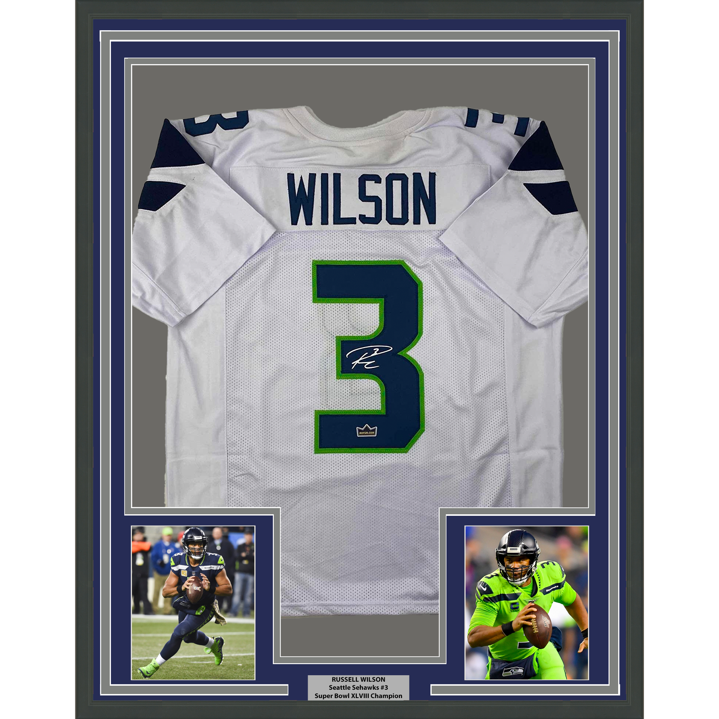 Framed Facsimile Autographed Russell Wilson 35x39 Seattle White Reprint Laser Auto Football Jersey