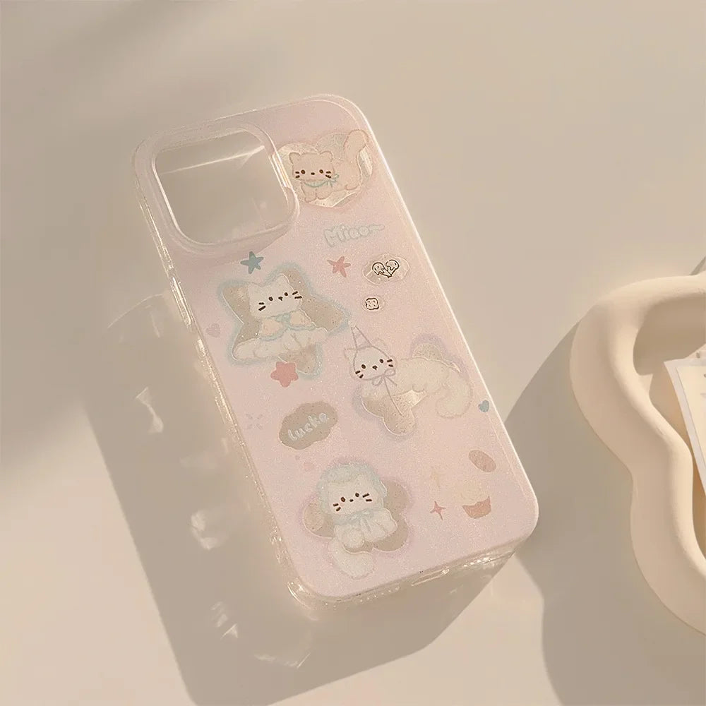 Korean Glitter Cartoon Cute Cats Clear Soft Phone Case For iPhone
