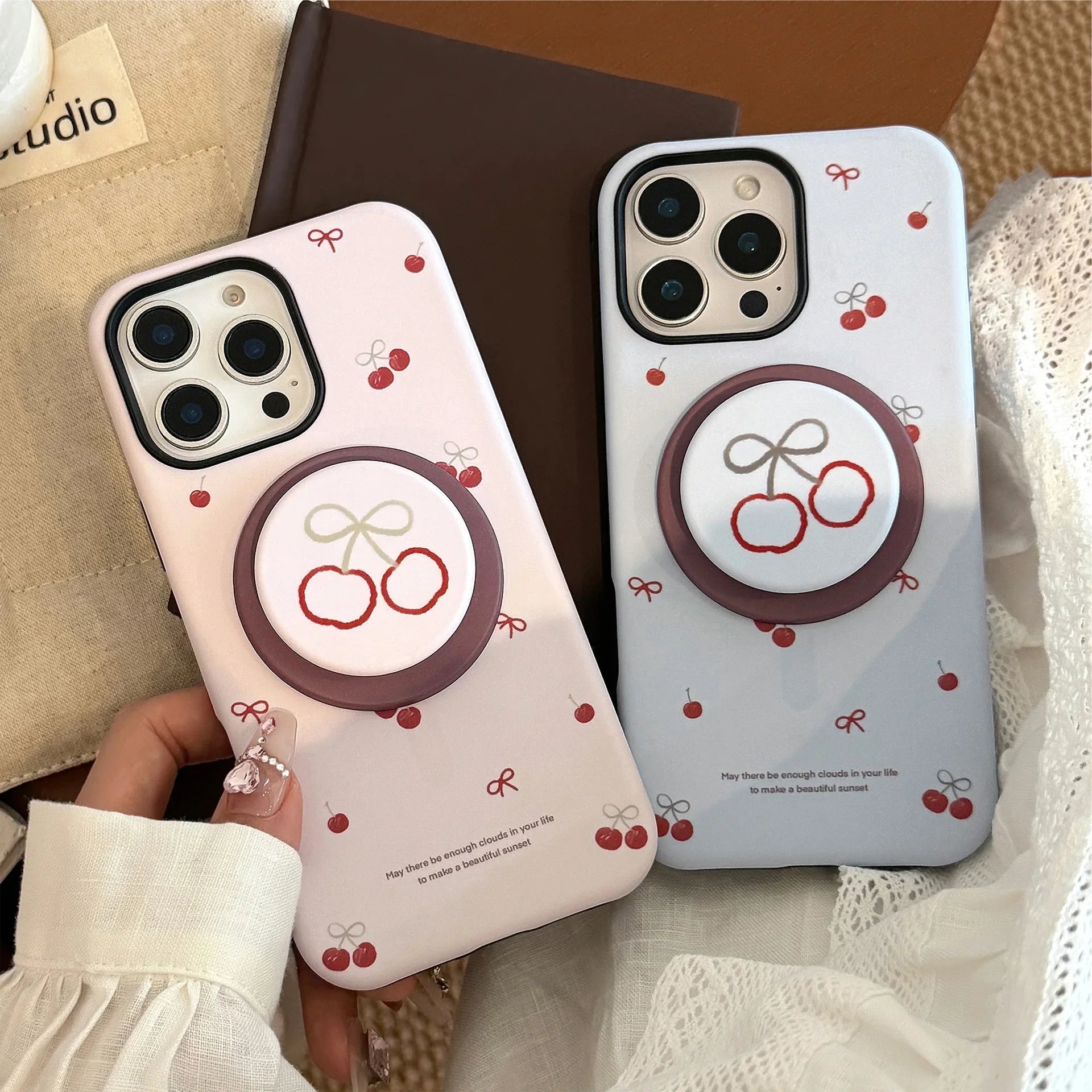 Korea Cute Cartoon Cherry Magnetic Stand Holder Phone Case For iPhone