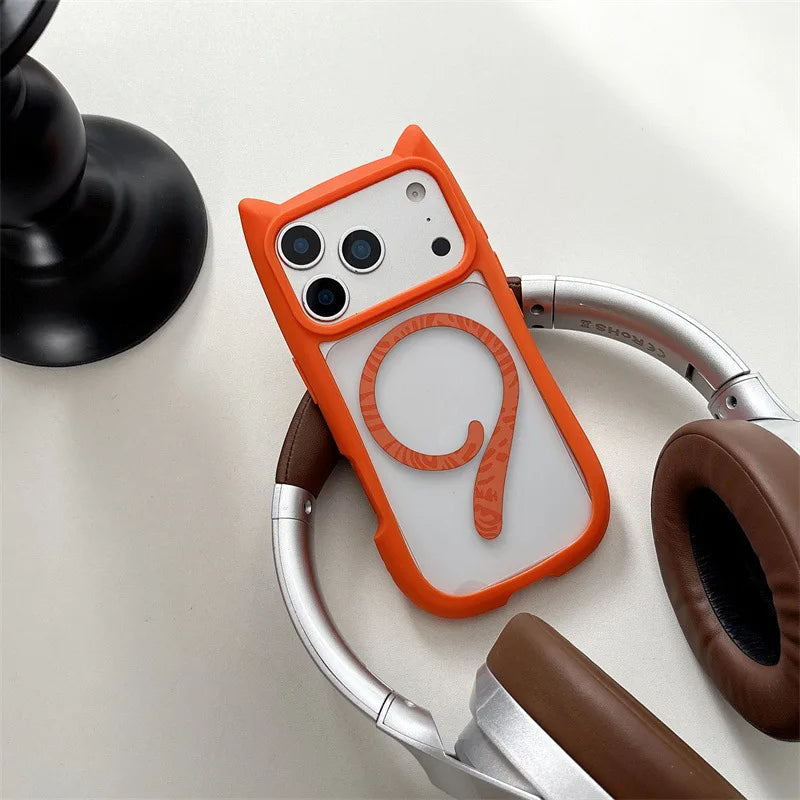 Cute Cartoon Solid Color Cat Tail Clear Magnetic Phone Case For iPhone