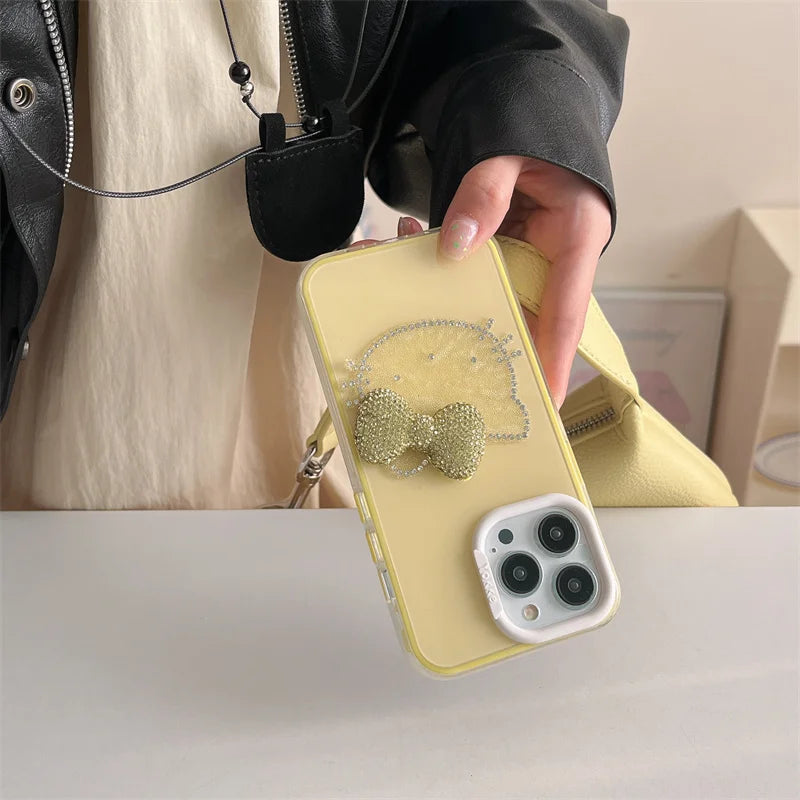 Luxury Rhinestone Bow Jelly Solid Color Glitter Hello Kitty Phone Case For iPhone