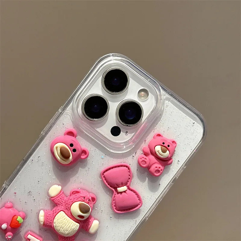 3D Cartoon Strawberry Bear Drop Glue Glitter Phone Case For iPhone