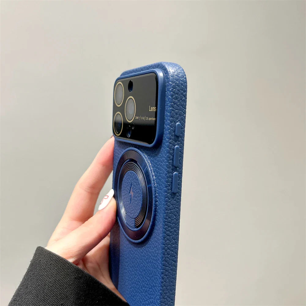 Large Window Litchi Texture For Magsafe Magnetic Case For iPhone