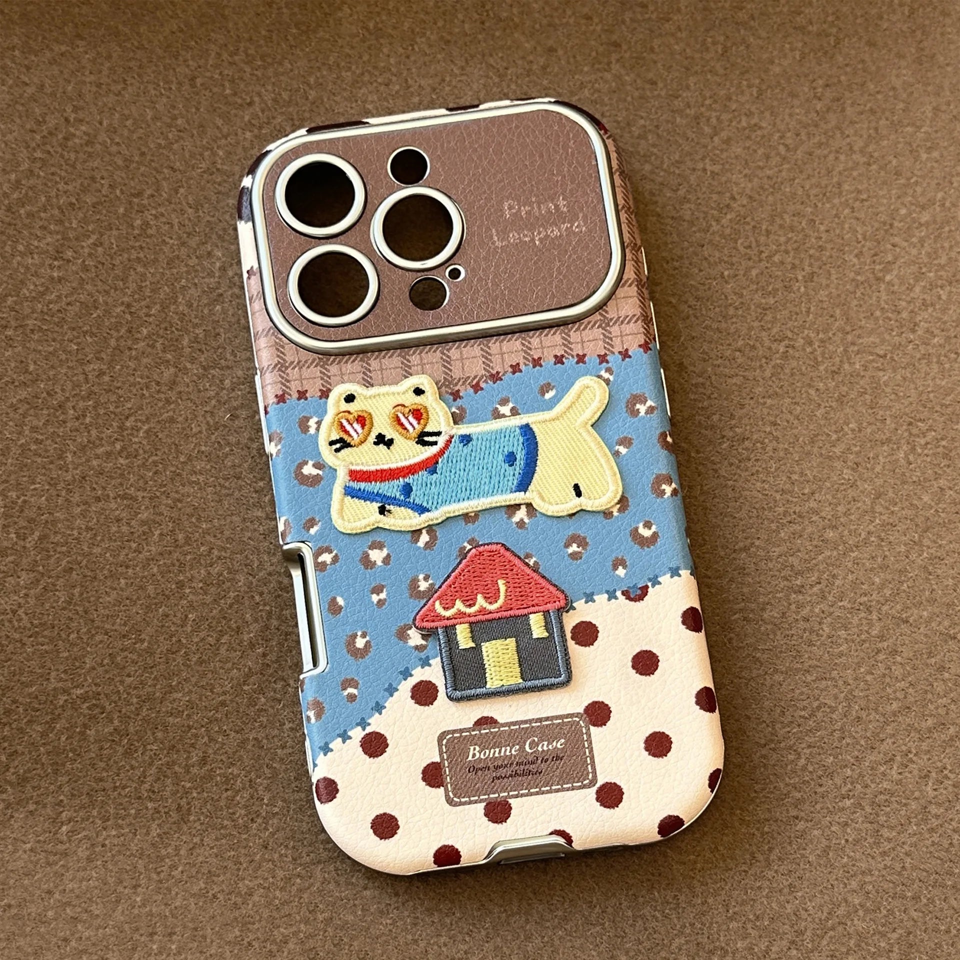 Korean Leopard Print 3D Cartoon Kitten House Leather Texture Phone Case For iPhone