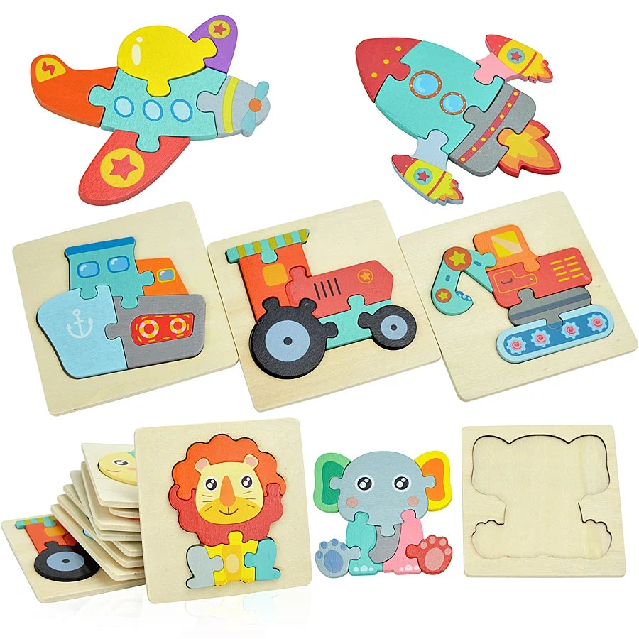 Montessori Wooden Cartoon Animal Puzzles – Early Learning Toy Set