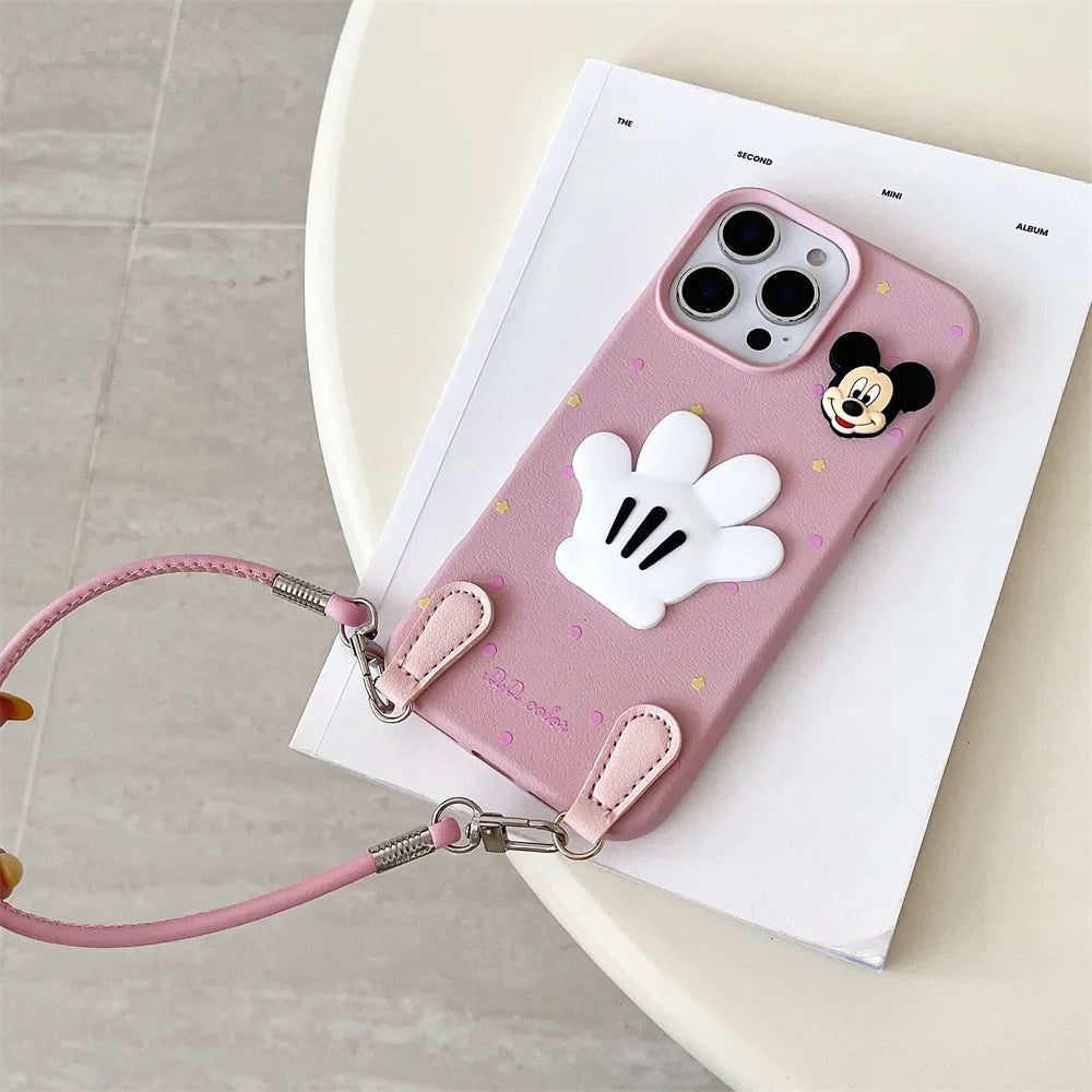 Luxury Wristband Lanyard Mickey Leather Phone Case For iPhone