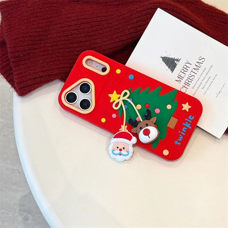 Cartoon Santa Claus Elk Bow Pendant Christmas Tree Silicone Soft Phone Case For iPhone