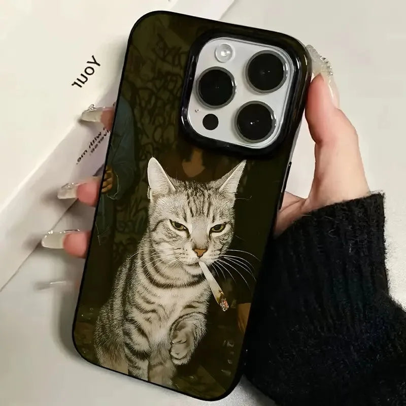 Stylish Cat Smoking Pattern Black Phone Case For iPhone
