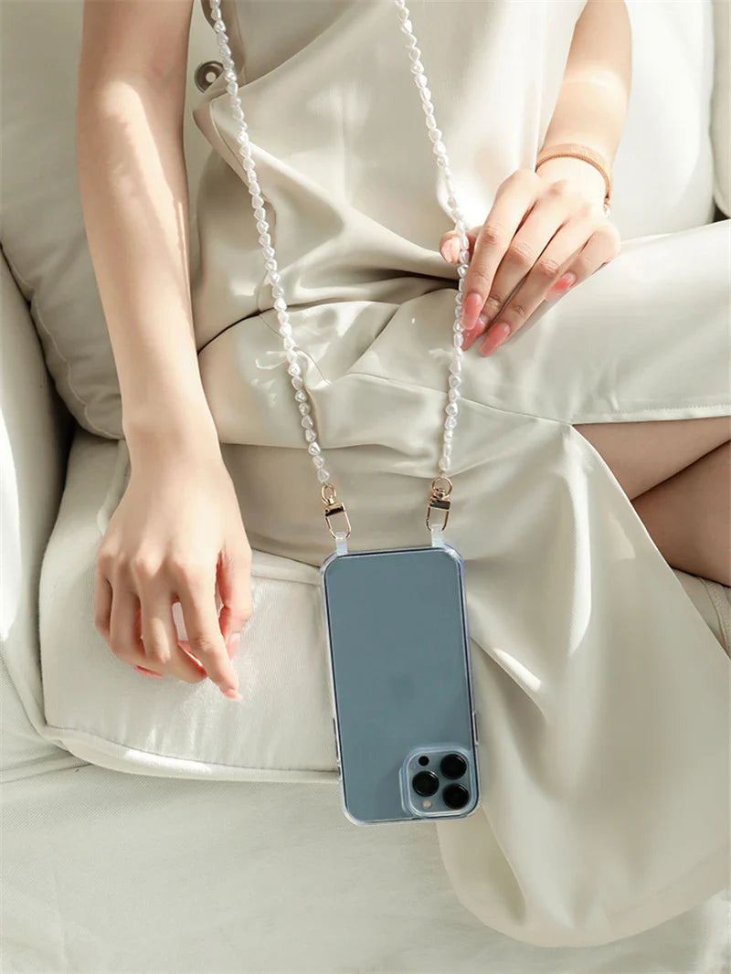 Luxury Crossbody With Lanyard Jewelry Pearl Chain Clear Holder Phone Case For iPhone