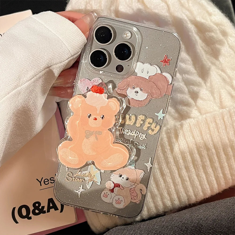 Korean Cute Cartoon Animals Bear Bracket Phone Case For iPhone