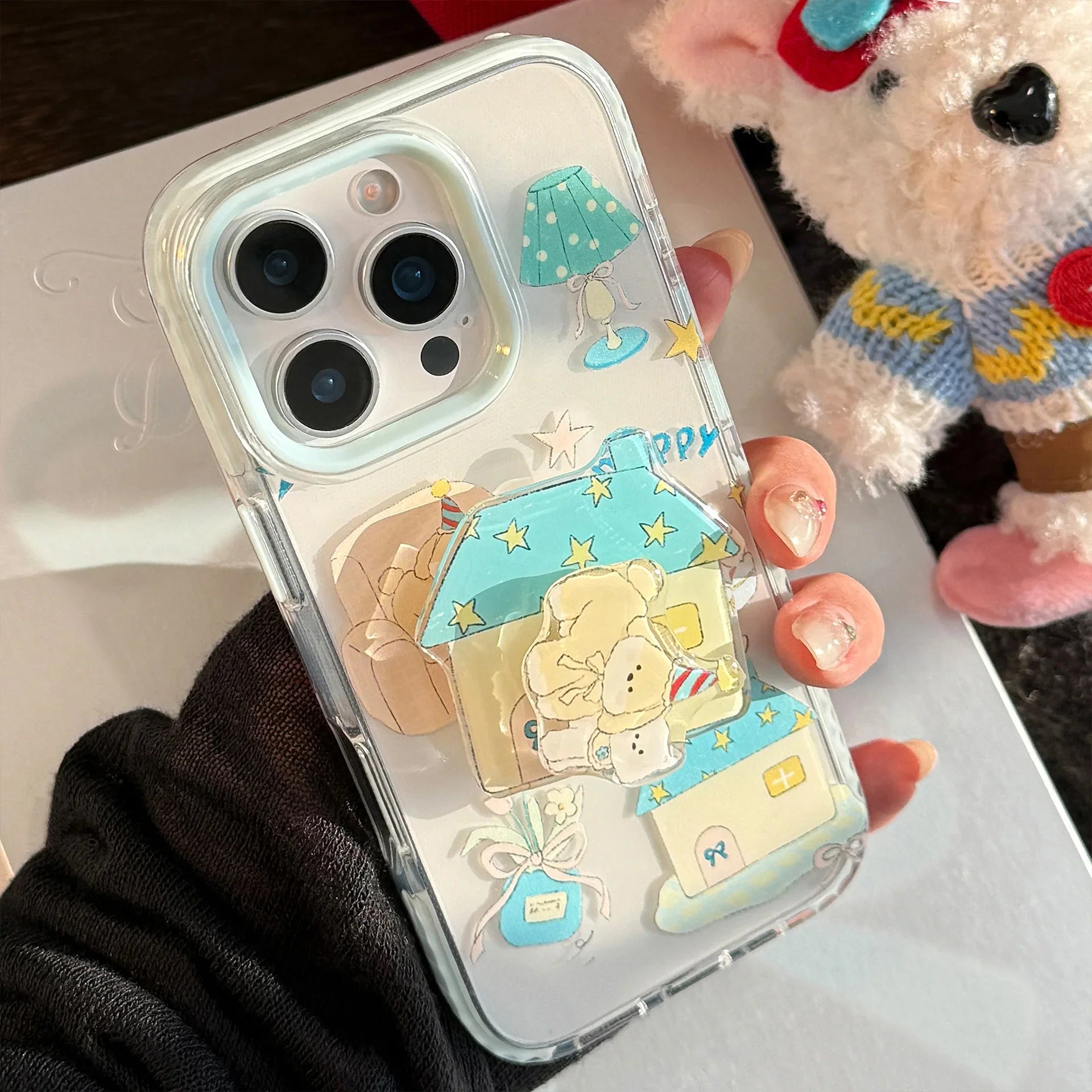 Korean Cute Cartoon Graffiti House Puppy Rotate Bracket Soft Phone Case For iPhone