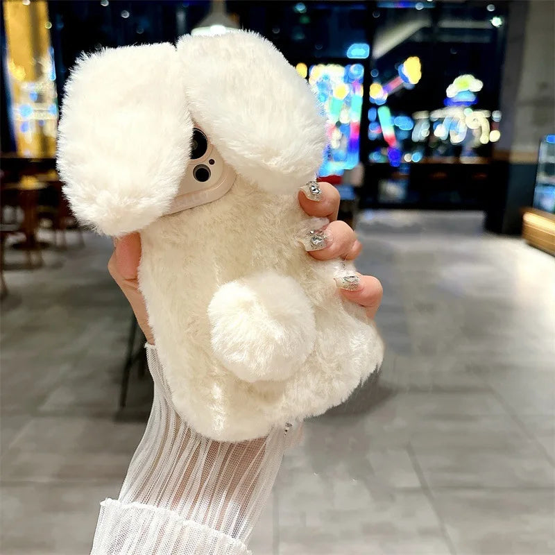 3D Cute Cartoon Rabbit Ears Warm Furry Plush Bunny Phone Case With Lanyard For iPhone