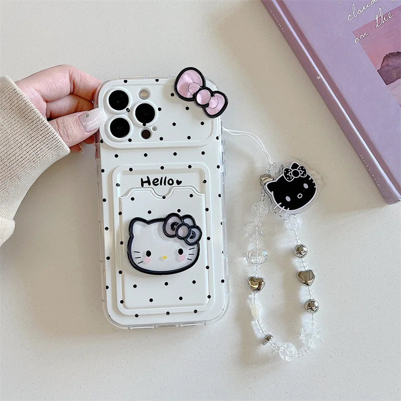 Korean Polka Dot Hello Kitty Bowknot Card Slot Bag Holder Phone Case For iPhone