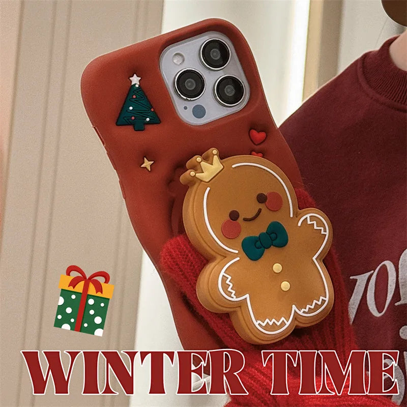 Cute Cartoon Christmas Gingerbread Silicone Telescopic Bracket Phone Case For iPhone
