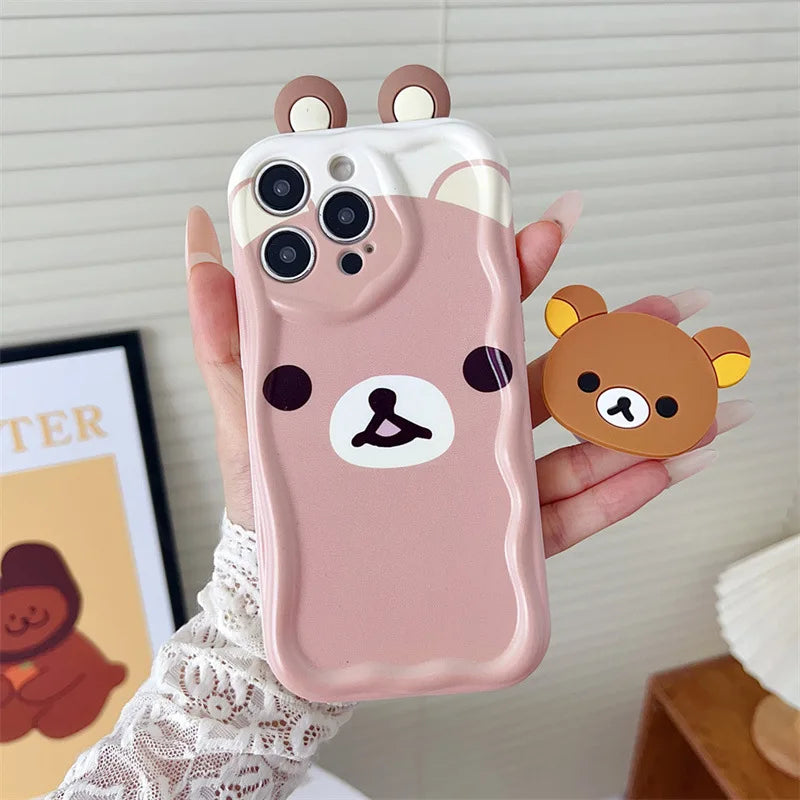 3D Ears Cartoon Bear Holder Rope Couple Phone Case For iPhone