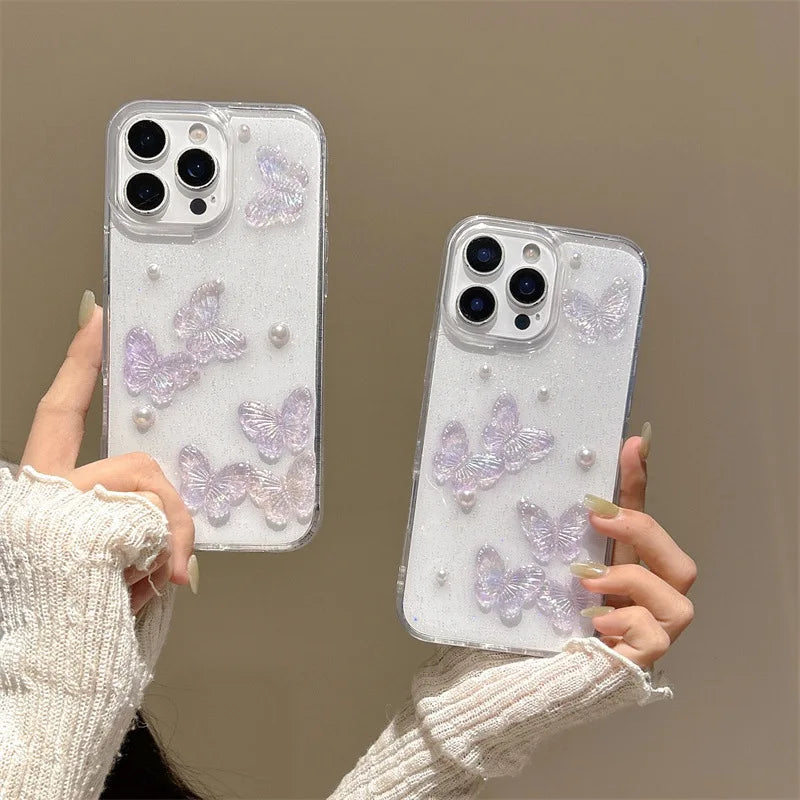 Luxury 3D Butterfly Pearl Drop Glue Glitter Phone Case For iPhone