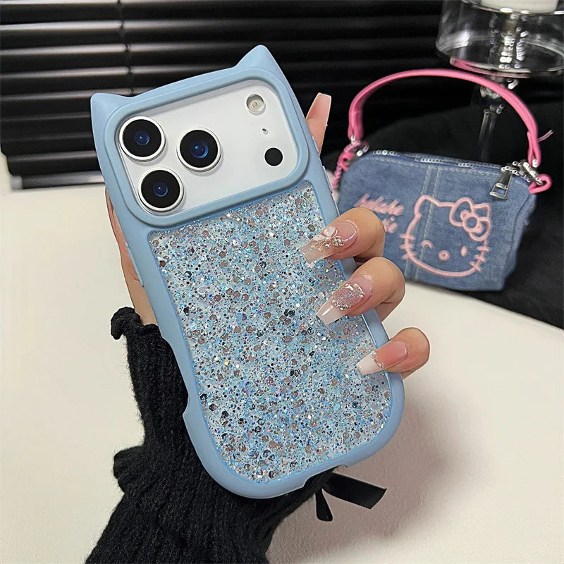 Cute 3D Cat Ear Solid Color Drop Glue Glitter Sequins Phone Case For iPhone