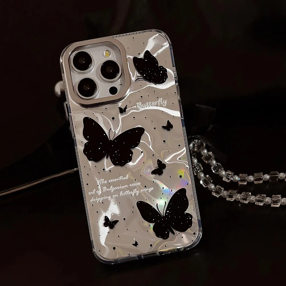 Luxury Black Butterfly Water Ripple Phone Case With Lanyard For iPhone