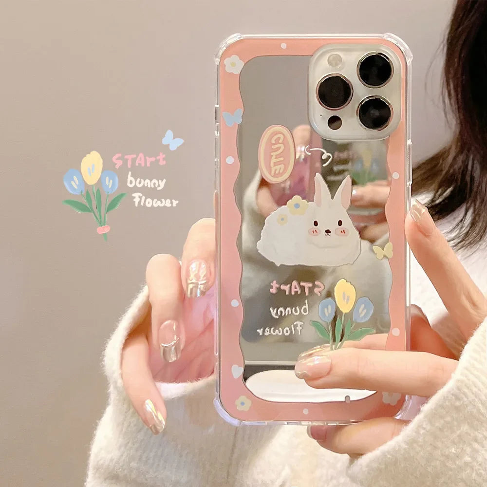 Cute Cartoon Rabbit Makeup Mirror Phone Case For iPhone