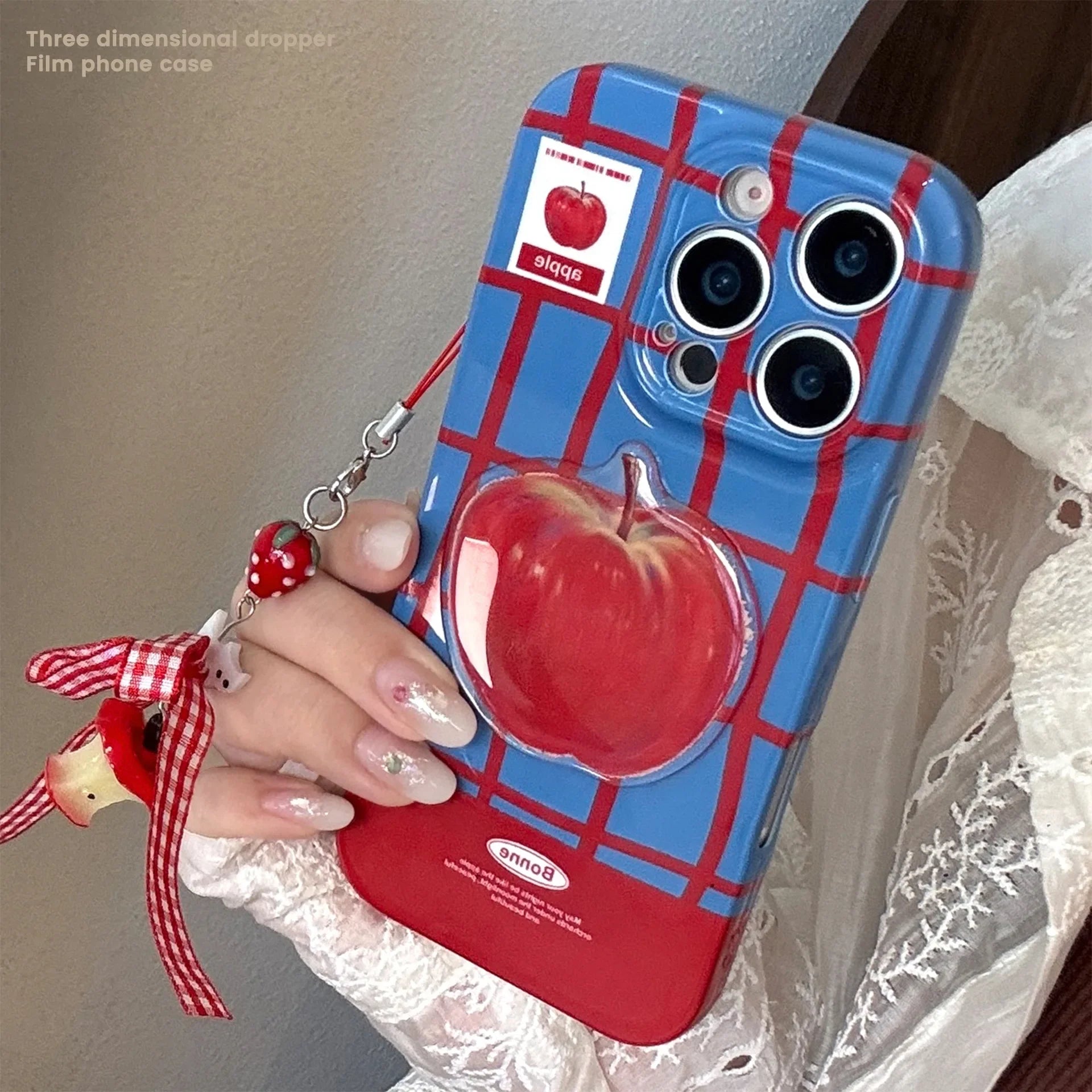 Korean Cute 3D Red Apple Lattice Phone Case With Chain For iPhone