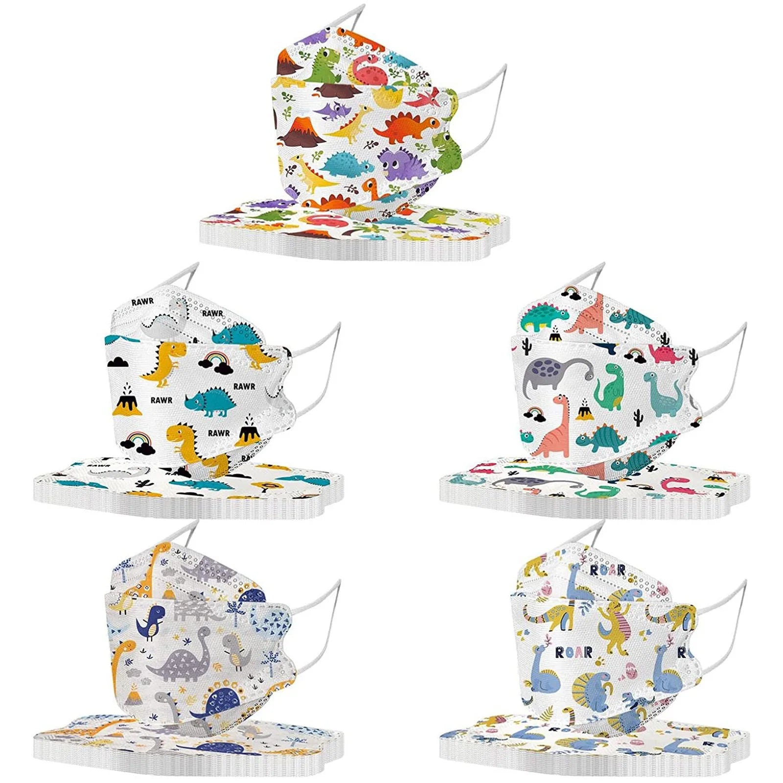 Kids KN95 Masks – Cartoon Dinosaur, Cat, and Rainbow Prints – 4-Ply Breathable