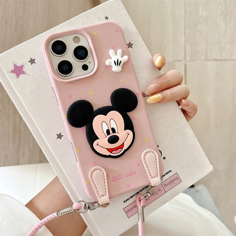 Luxury Wristband Lanyard Mickey Leather Phone Case For iPhone