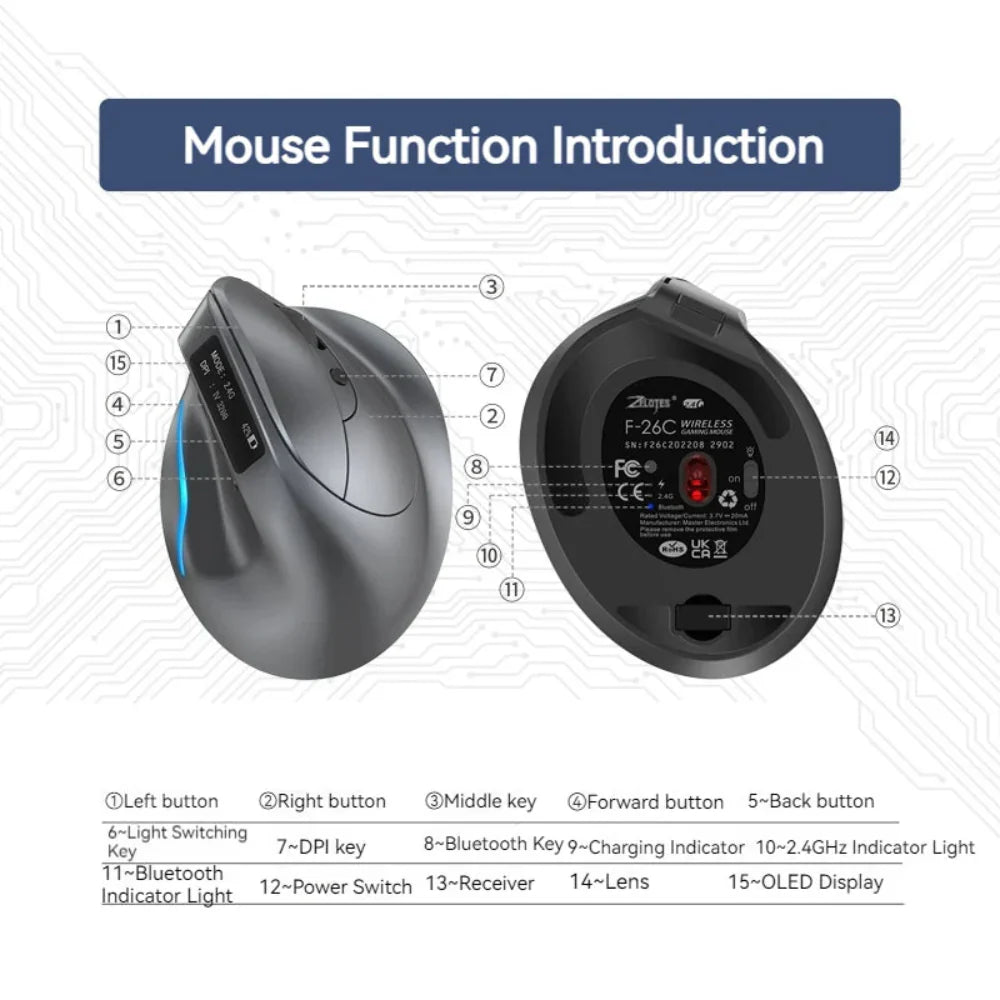 Dual Mode Wireless Adjustable DPI Vertical Office Mouse