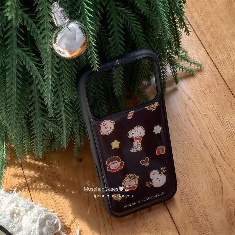 Ins Autumn/Winter Christmas Tree Snoopy Resin Casting Black Frame Phone Case For iPhone