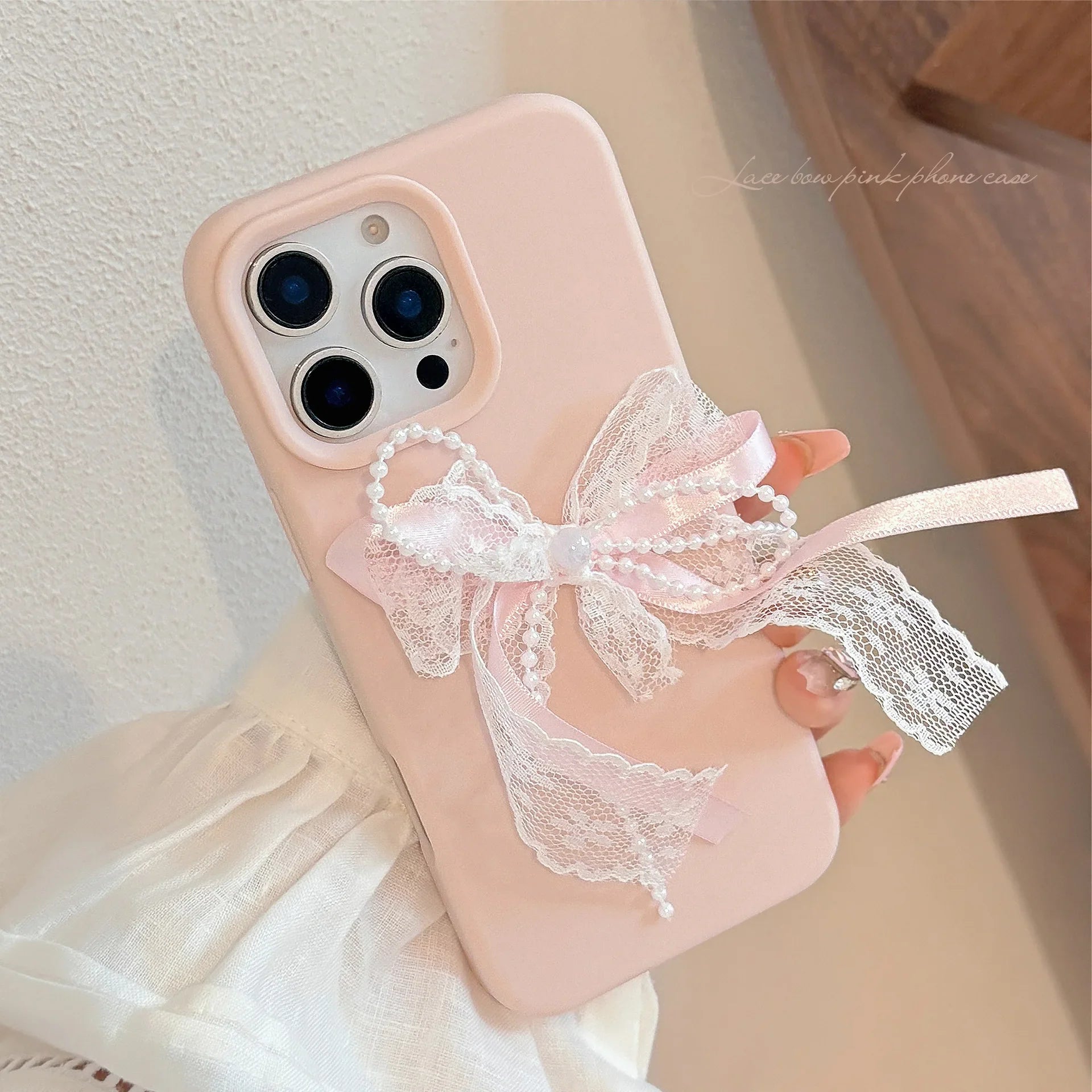Korean Cute 3D Pearl Lace Silk Ribbon Bow Phone Case For iPhone