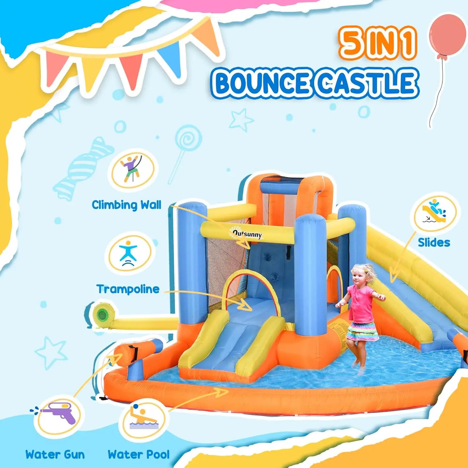 Multi-Activity Water Park for Kids with Pool, Slide, Trampoline, and Climbing Wall